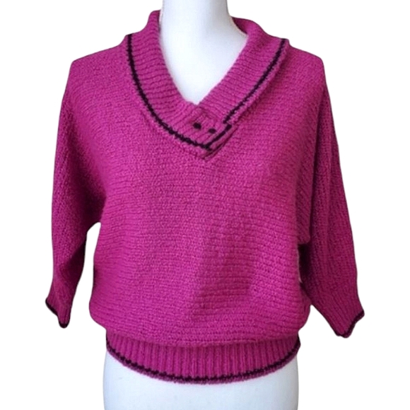 Gitano Womens Vintage Magenta Collared Knit Sweater 3/4 Sleeve V-neck Shawl SzS - Picture 1 of 16